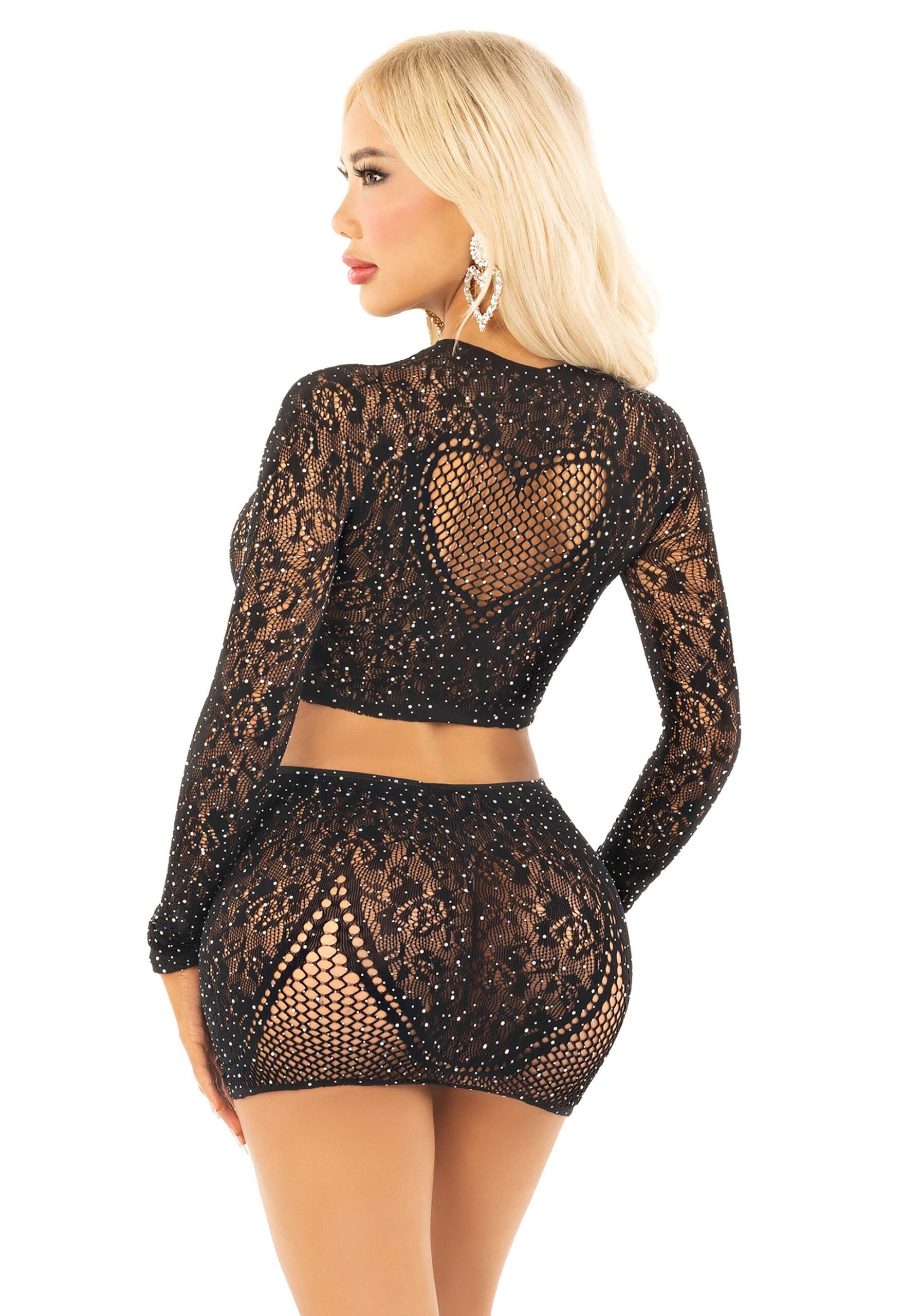 Completino Sexy Rhinestone Crop Top and Mini Skirt Nero - immagine 2