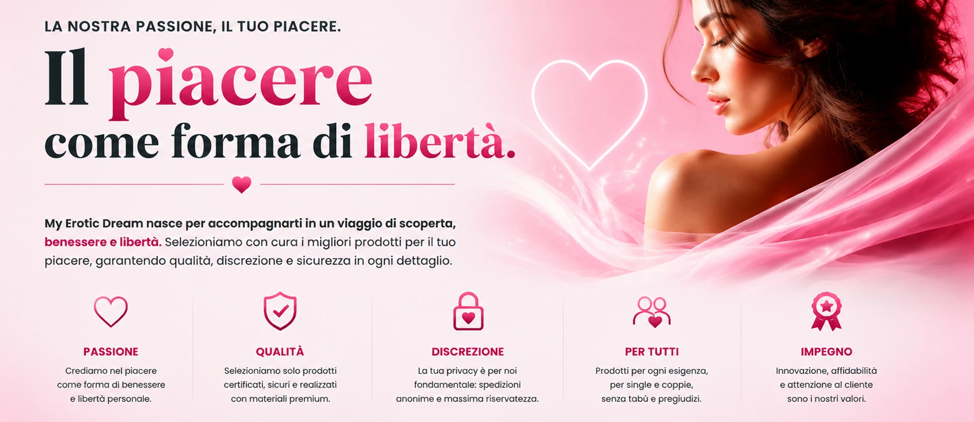 Banner Chi Siamo My Erotic Dream con il piacere come forma di libertà, benessere intimo, qualità, discrezione e prodotti selezionati