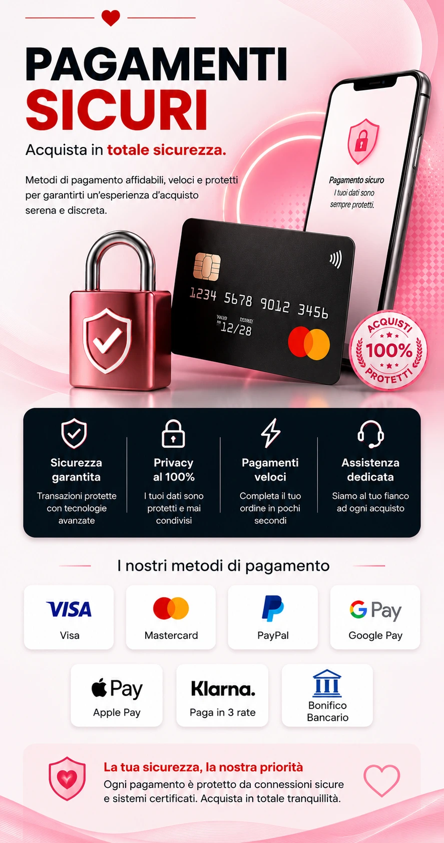 Banner Pagamenti Sicuri My Erotic Dream con Visa, Mastercard, PayPal, Apple Pay, Google Pay, Klarna e Bonifico Bancario per acquisti online sicuri.