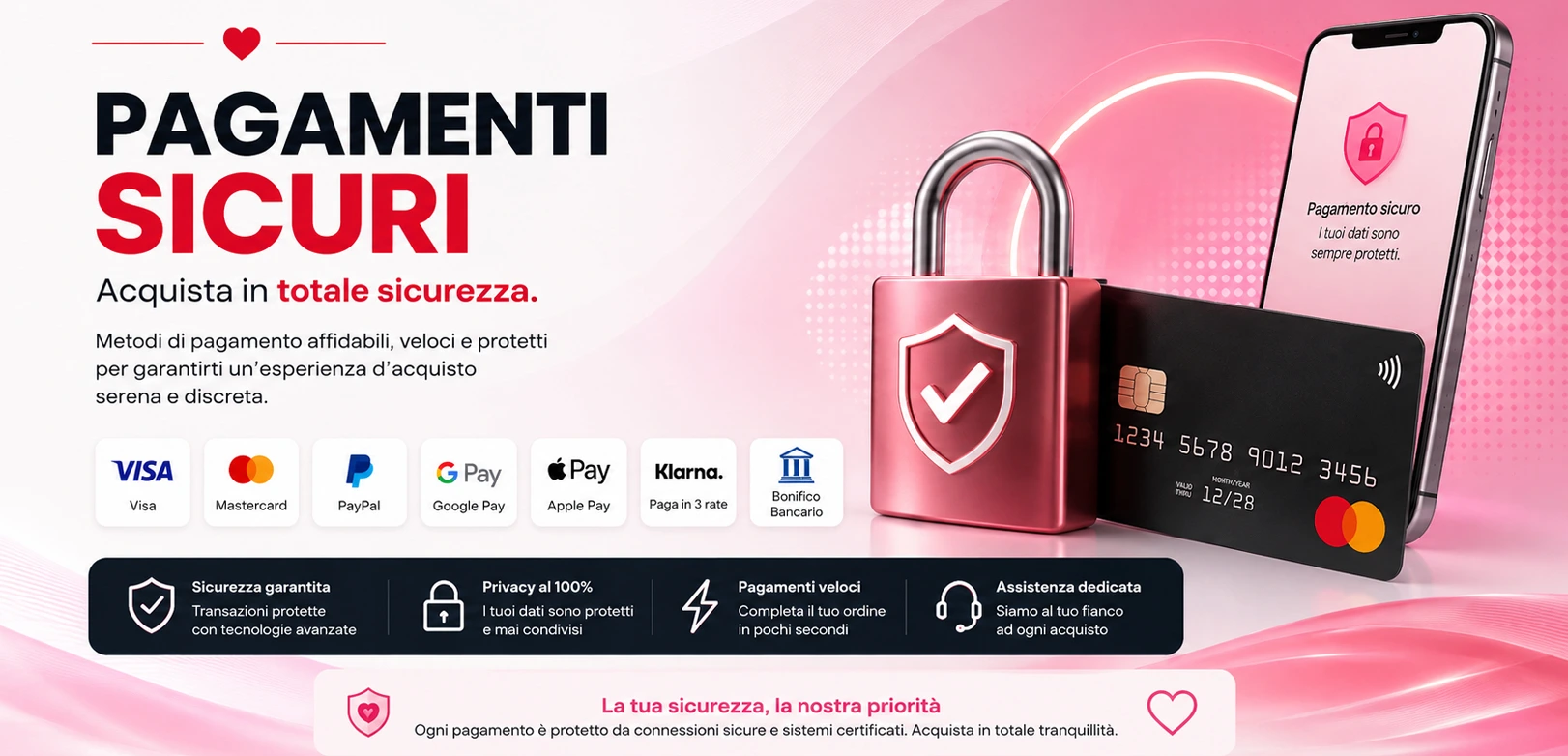Banner Pagamenti Sicuri My Erotic Dream con Visa, Mastercard, PayPal, Apple Pay, Google Pay, Klarna e Bonifico Bancario.
