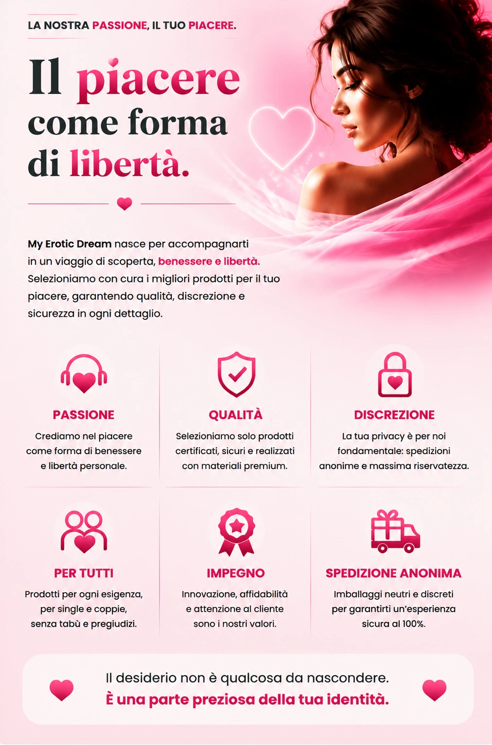 Banner Chi Siamo My Erotic Dream con il piacere come forma di libertà, benessere intimo, qualità, discrezione e prodotti selezionati