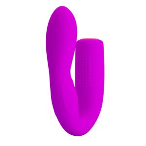 Vibratore Quintion Pretty Love fucsia con struttura curva e due estremità2