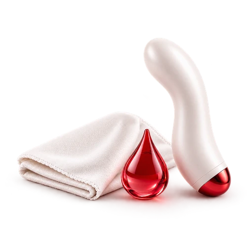 Vibratore bianco con panno e goccia simbolica di lubrificante