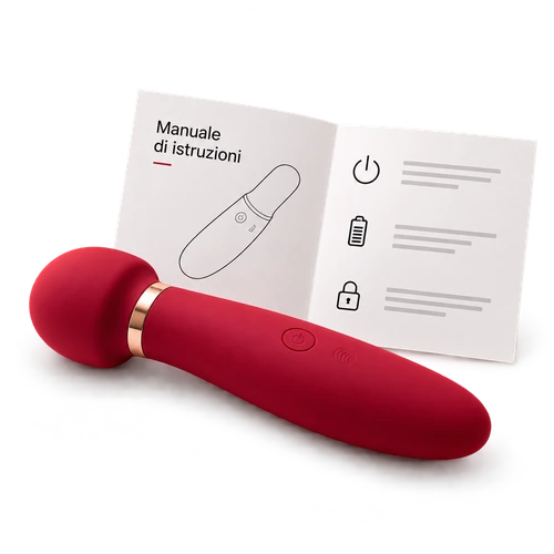 Vibratore rosso con manuale di istruzioni aperto